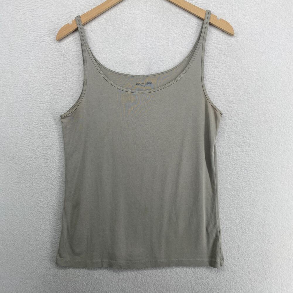 EILEEN FISHER Tank Top L Organic Cotton Ribbed Cami Slim Scoop Neck Shell Grey